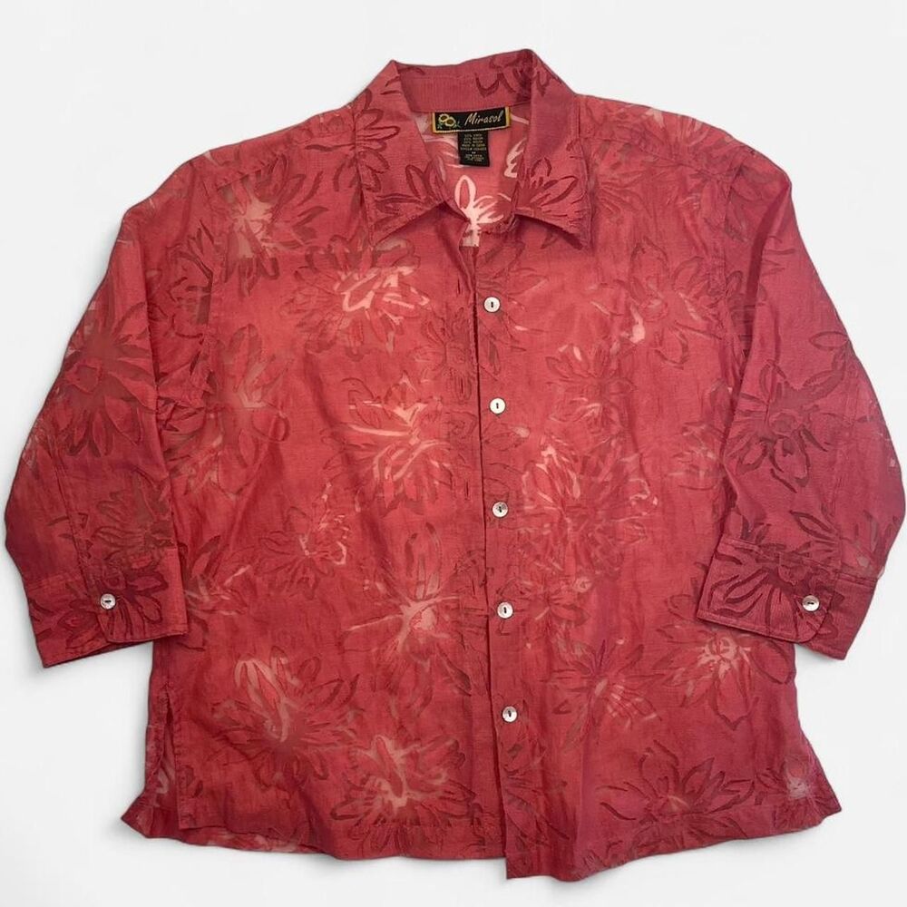 Mirasol Vintage Pink Sheer Floral Linen Blend Button-Up Shirt Summer